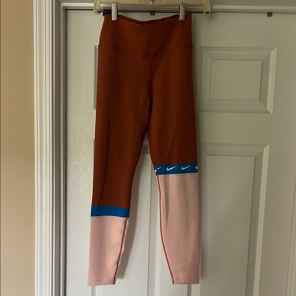 Nike Women’s Colorblock Leggings - orange, blue stripe and Pink